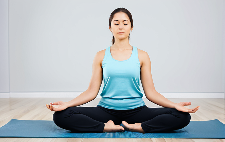 A calm and focused female yoga instructor in modest, professional yoga attire, gently demonstrating a seated meditation pose (e.g., Sukhasana) on a yoga mat in a tranquil, naturally lit studio. Her expression conveys inner peace and mental clarity, emphasizing the integration of mind and body. The background is softly blurred, hinting at a peaceful, clean environment. safe for work, appropriate content, fully clothed, modest clothing, perfect anatomy, correct proportions, natural pose, well-formed hands, proper finger count, natural body proportions, professional photography, high quality.