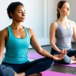 요가강사와 요가 철학 - **Prompt:** A serene and inviting scene inside a sunlit, minimalist yoga studio in Paris. A female y...