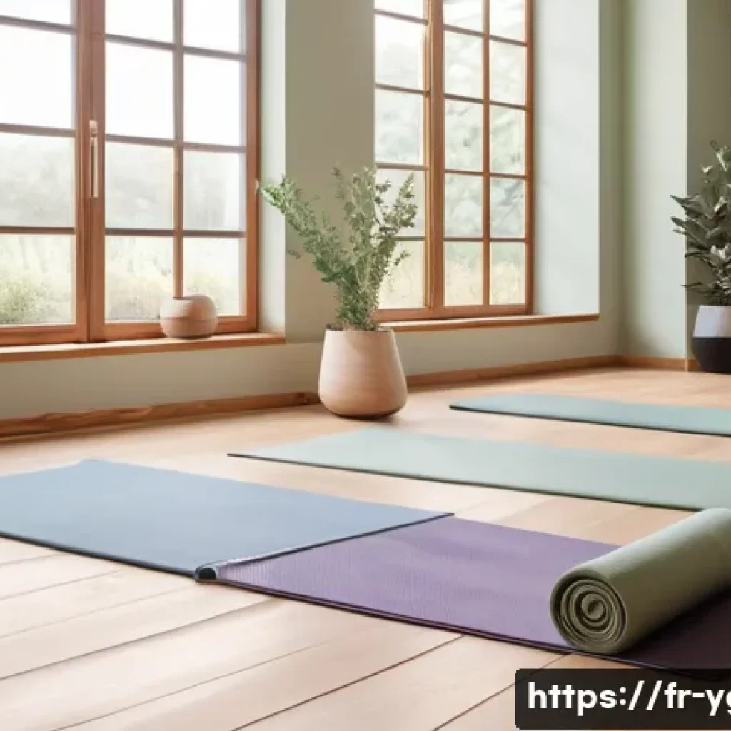 요가강사 수업 준비 체크리스트 - A serene yoga studio interior designed for relaxation and concentration, featuring soft, warm lighti...
