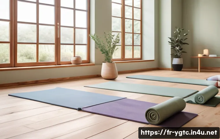 요가강사 수업 준비 체크리스트 - A serene yoga studio interior designed for relaxation and concentration, featuring soft, warm lighti...