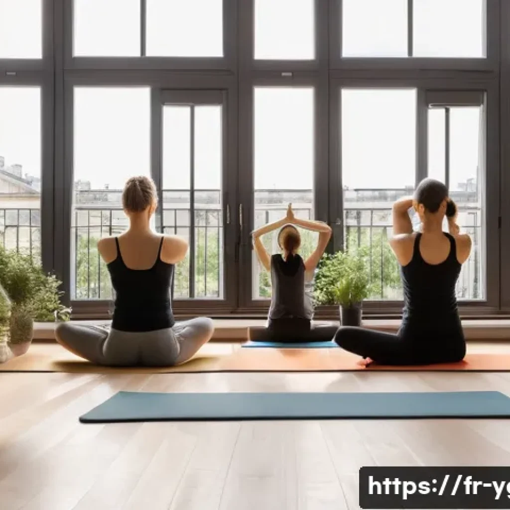 요가강사로서의 사회적 책임 - A serene yoga studio in a modern Parisian loft with large windows showing a view of classic Haussman...