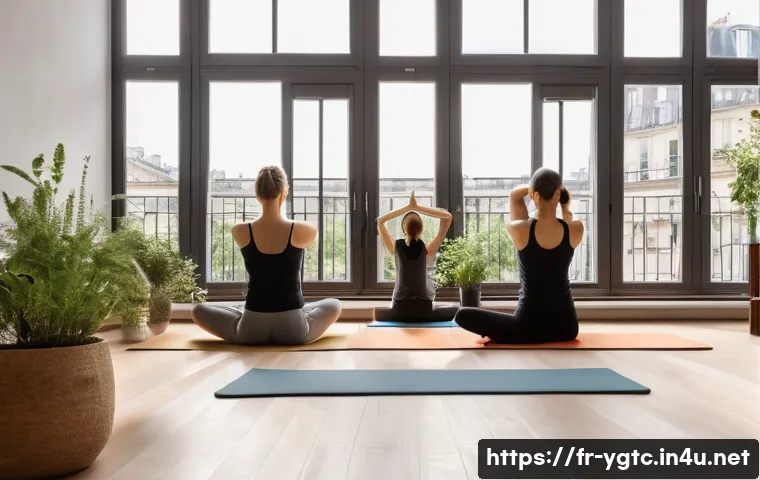 요가강사로서의 사회적 책임 - A serene yoga studio in a modern Parisian loft with large windows showing a view of classic Haussman...